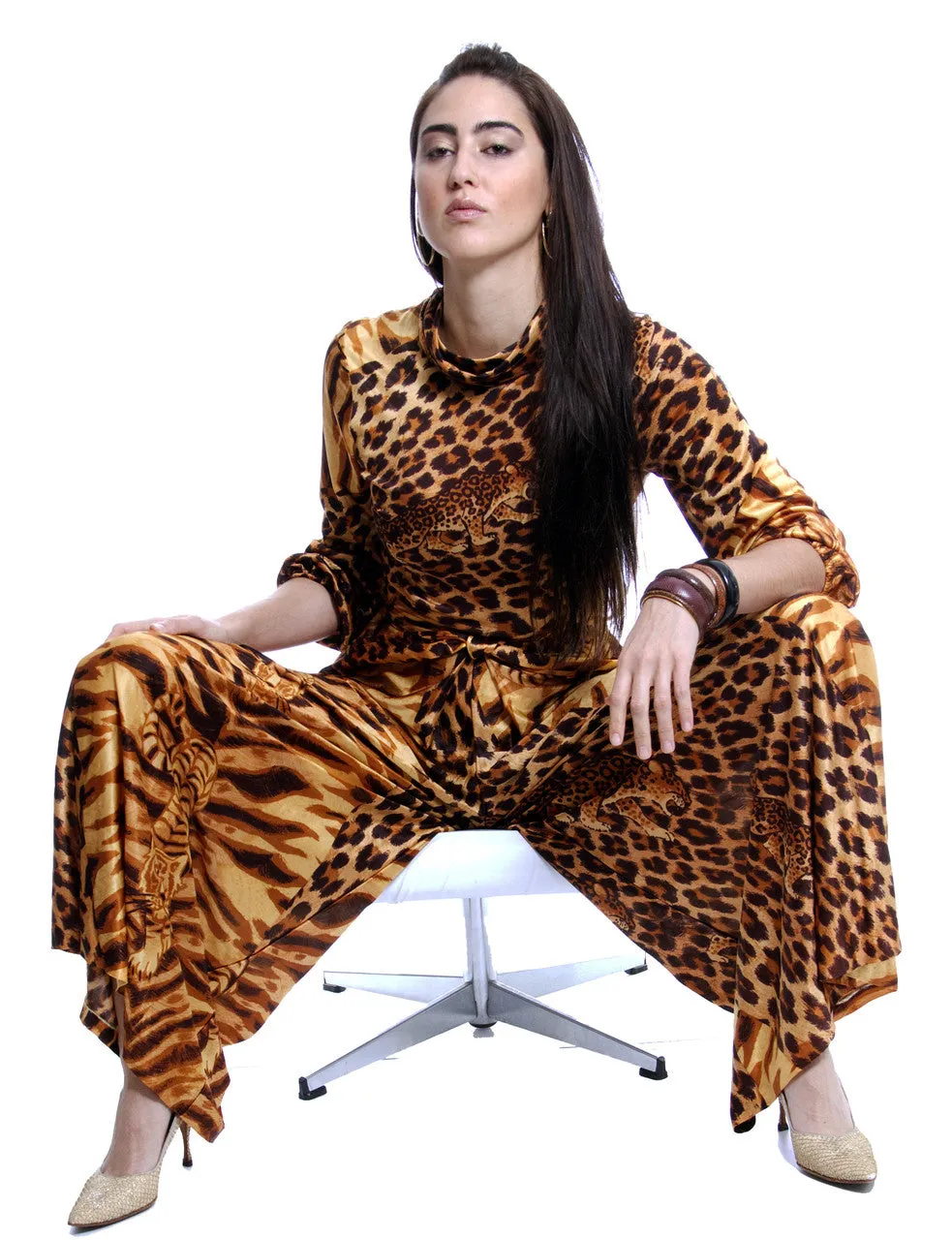 1970s Tiger & Leopard Print Vintage Jumpsuit Palazzo