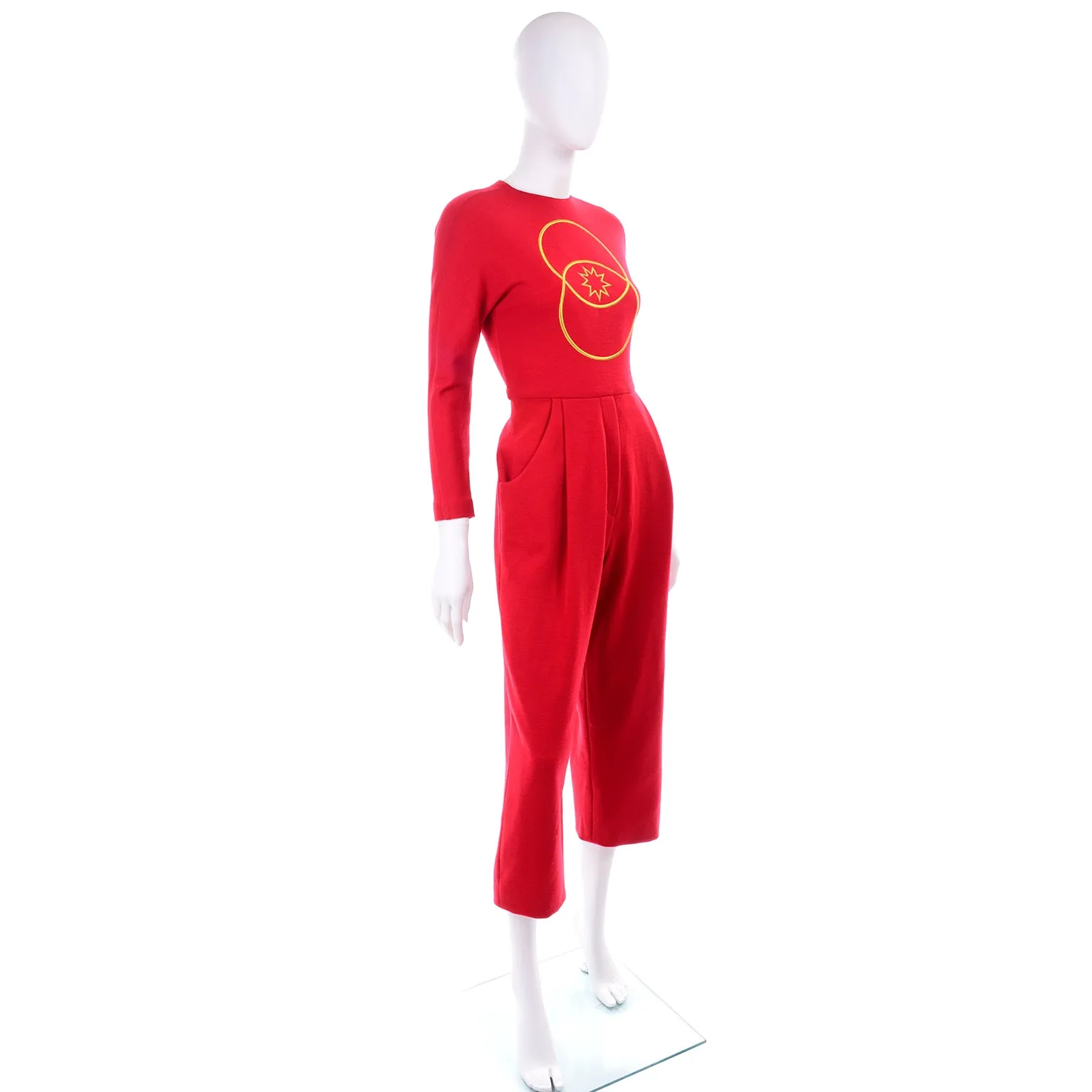 1980s Geoffrey Beene Red Jumpsuit With Gold Embroidery