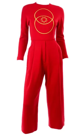 1980s Geoffrey Beene Red Jumpsuit With Gold Embroidery