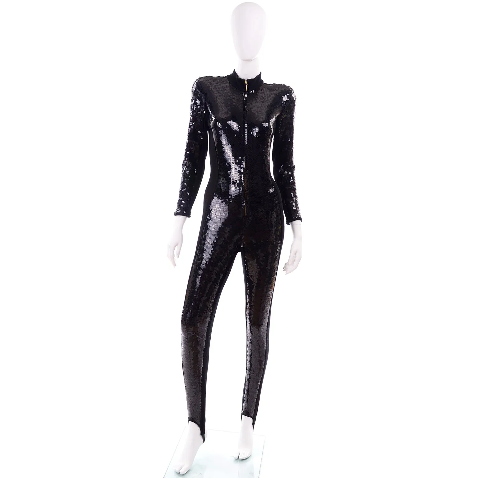 1980s Lillie Rubin Vintage Black Sequin Jumpsuit w Stirrups 6/8