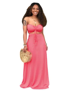 2 Pieces Strapless Crop Top Solid Color Maxi Dresses