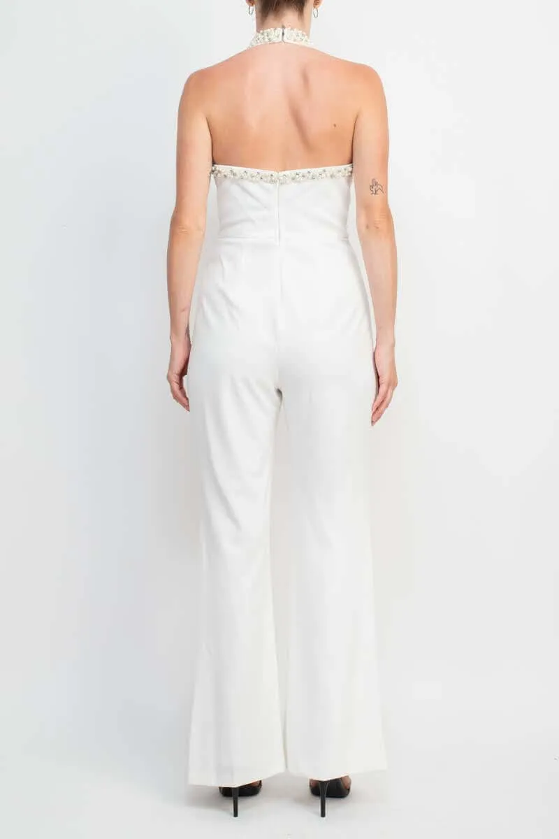 Adrianna Papell Embellished Halter Neck Open Zipper Back Solid Stretch Knit Crepe Jumpsuit