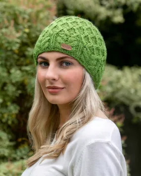 Aran Diamond Pullon Hat with Cable headband - Green