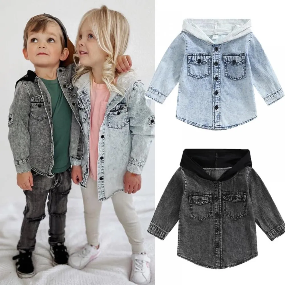 Autumn Toddler Boys And Girls Washed Denim Hooded Jacket Wholesale Kids Clothes