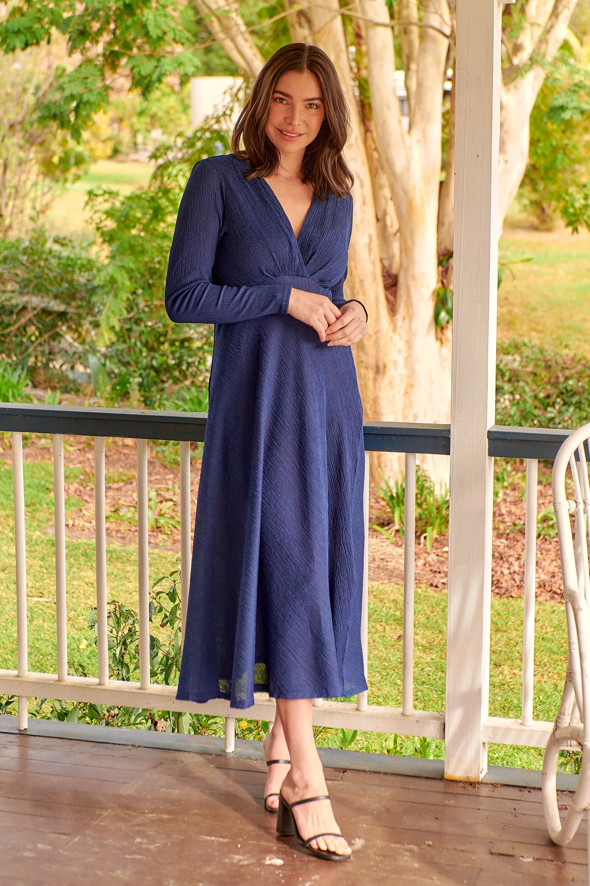 Azalia Navy V Neck Long Sleeve Evening Dress