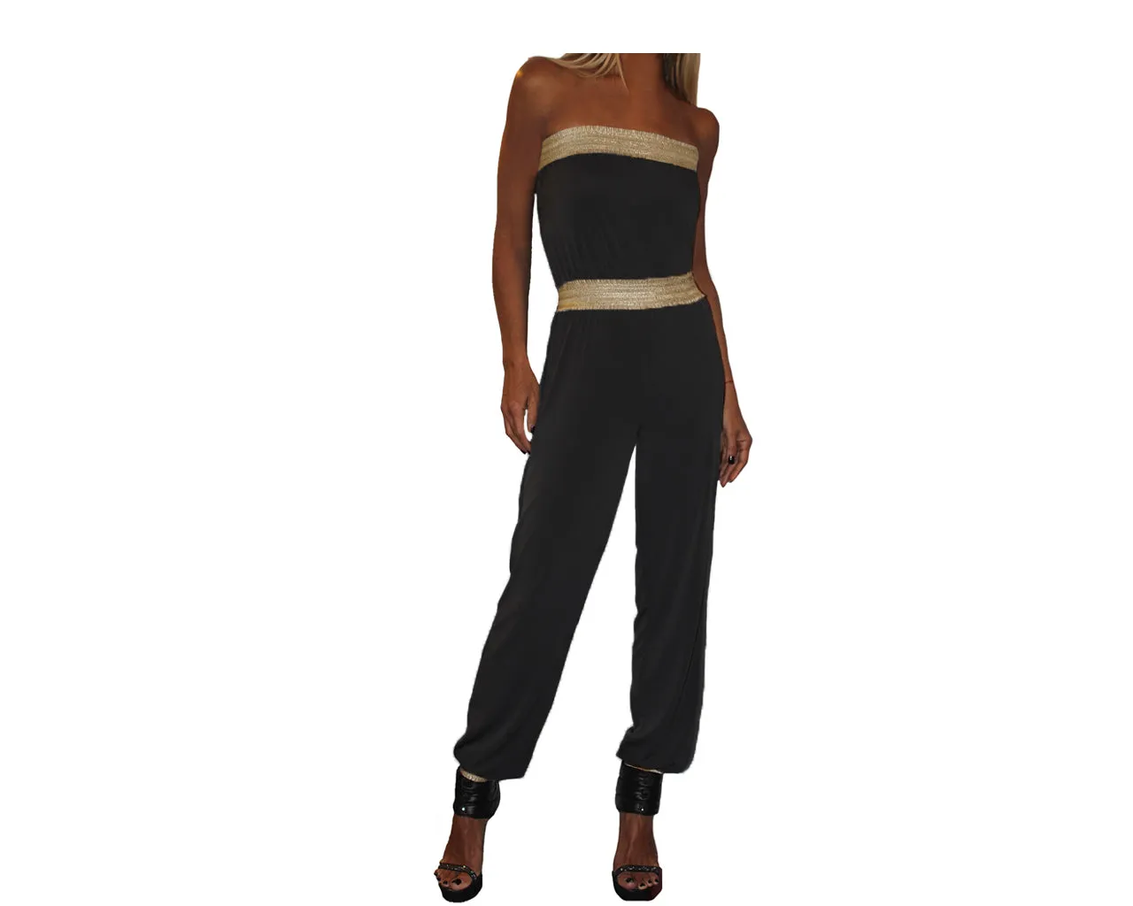 B. Black and gold strapless Jumpsuit - The Corso Venezia