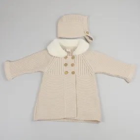 Baby Girls Beige Knitted Coat - Faux Fur Collar with Bonnet