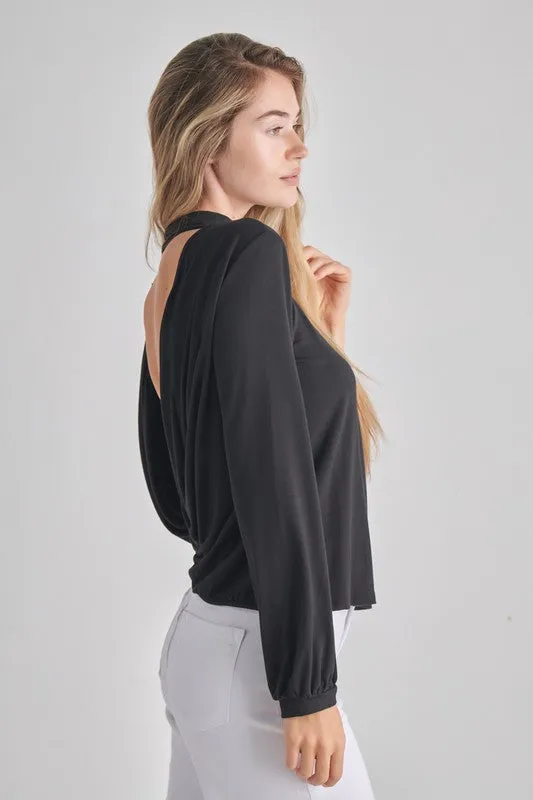 Backless Cowl Twist Back Long bubble Sleeve Top