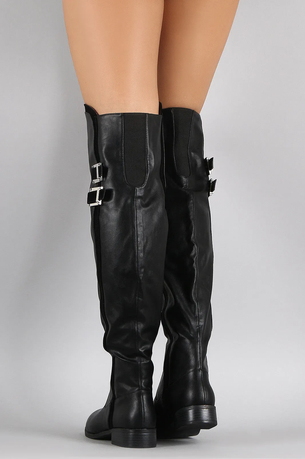 Bamboo Contrast Suede Trim Buckled Riding Over-The-Knee Boots