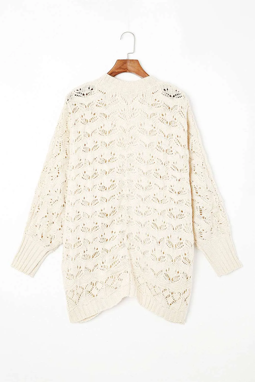 Beige Plus Size Hollowed Open Front Ribbed Trim Cardigan