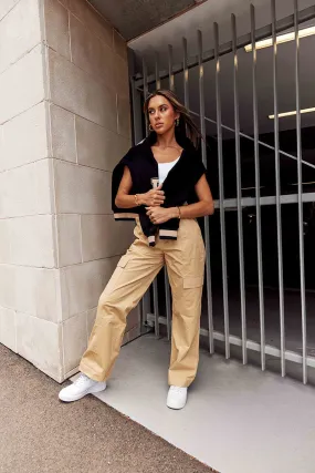 Beige Wide Leg Pants High Rise Cargo Tailored