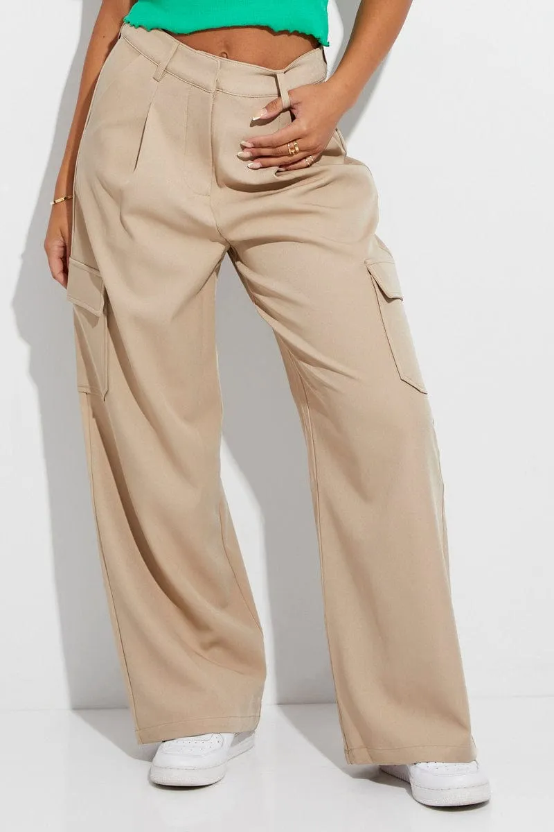 Beige Wide Leg Pants High Rise Cargo Tailored