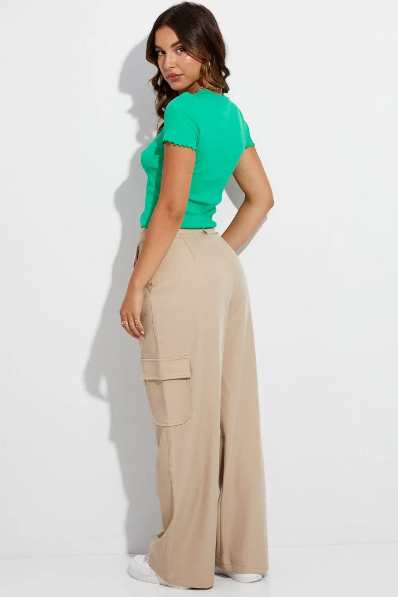 Beige Wide Leg Pants High Rise Cargo Tailored