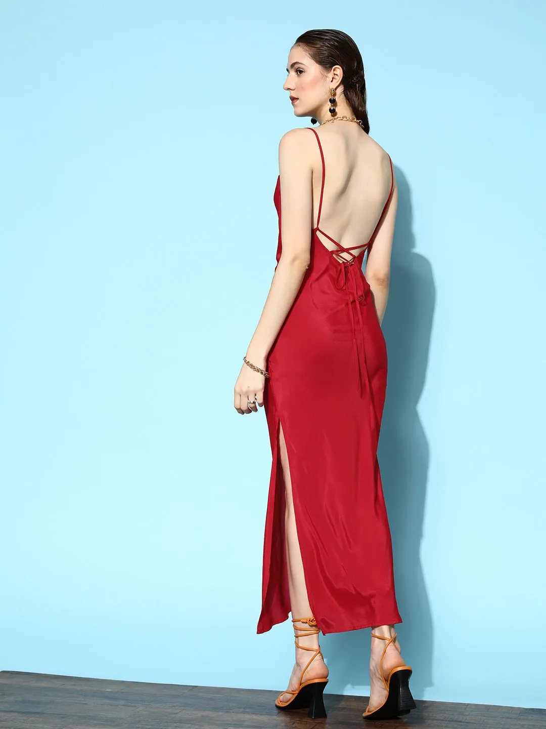 Berrylush Women Solid Red Sweetheart Neck Backless Satin Thigh-High Slit Bodycon Maxi Dress