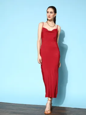 Berrylush Women Solid Red Sweetheart Neck Backless Satin Thigh-High Slit Bodycon Maxi Dress