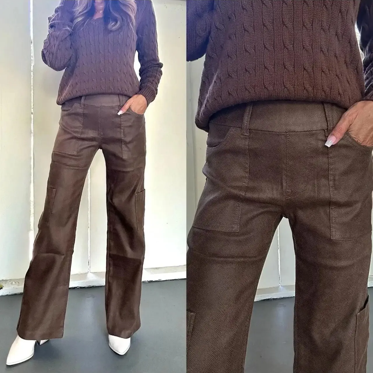 Bevy Flog - Rose Cargo Pant in Brown Suede Croc