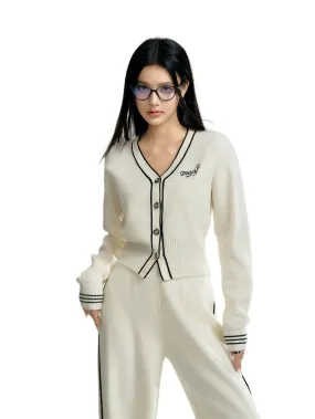 Black & Off-white V-neck Knitted Cardigan Set