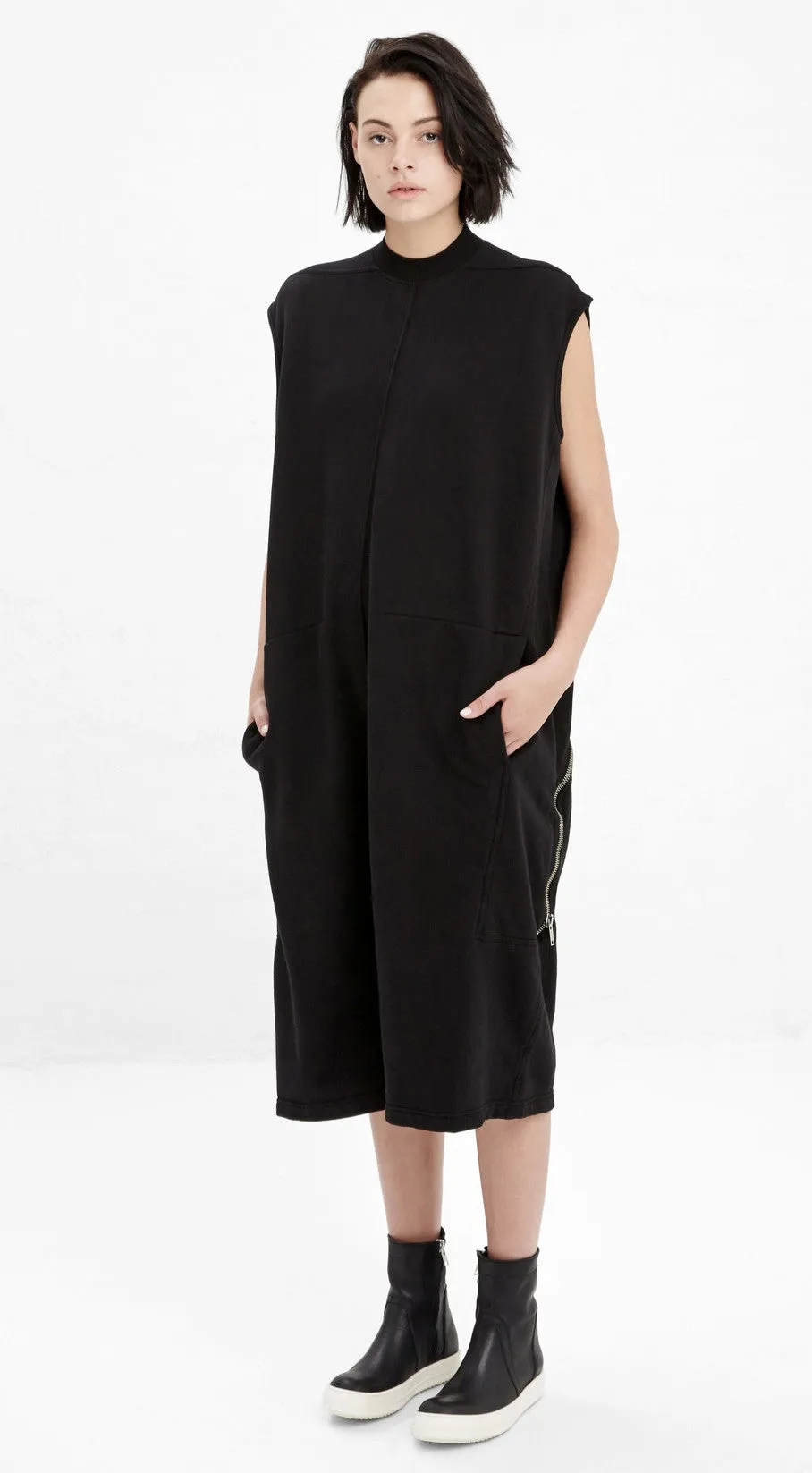 Black Cotton Jersey Zip Detail at Lower Back Bodybag Jumpsuit