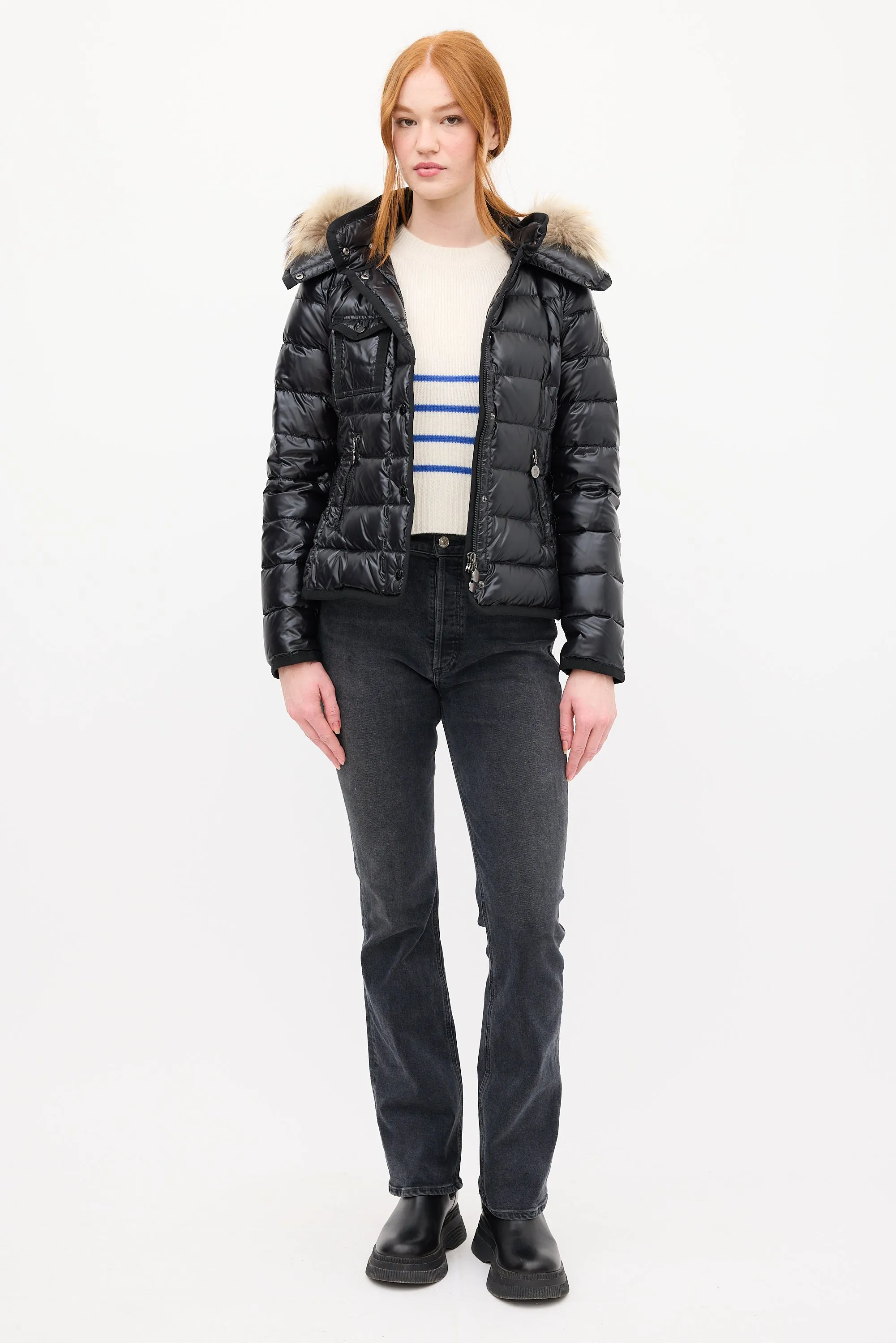 Black Down & Fur Trim Armoise Puffer Jacket