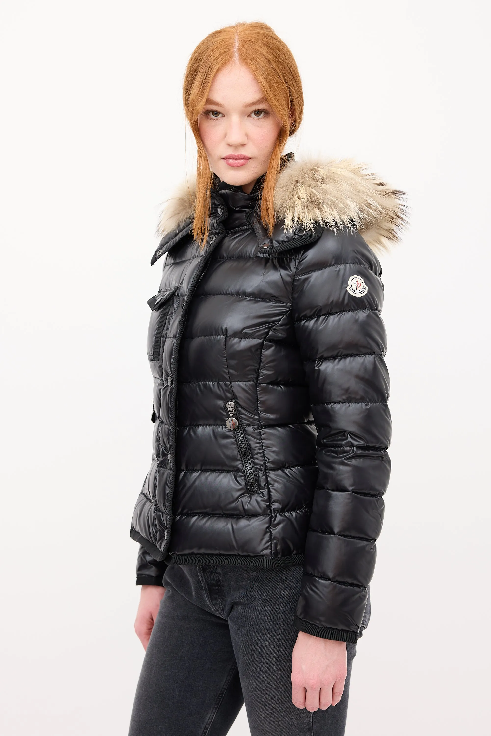 Black Down & Fur Trim Armoise Puffer Jacket