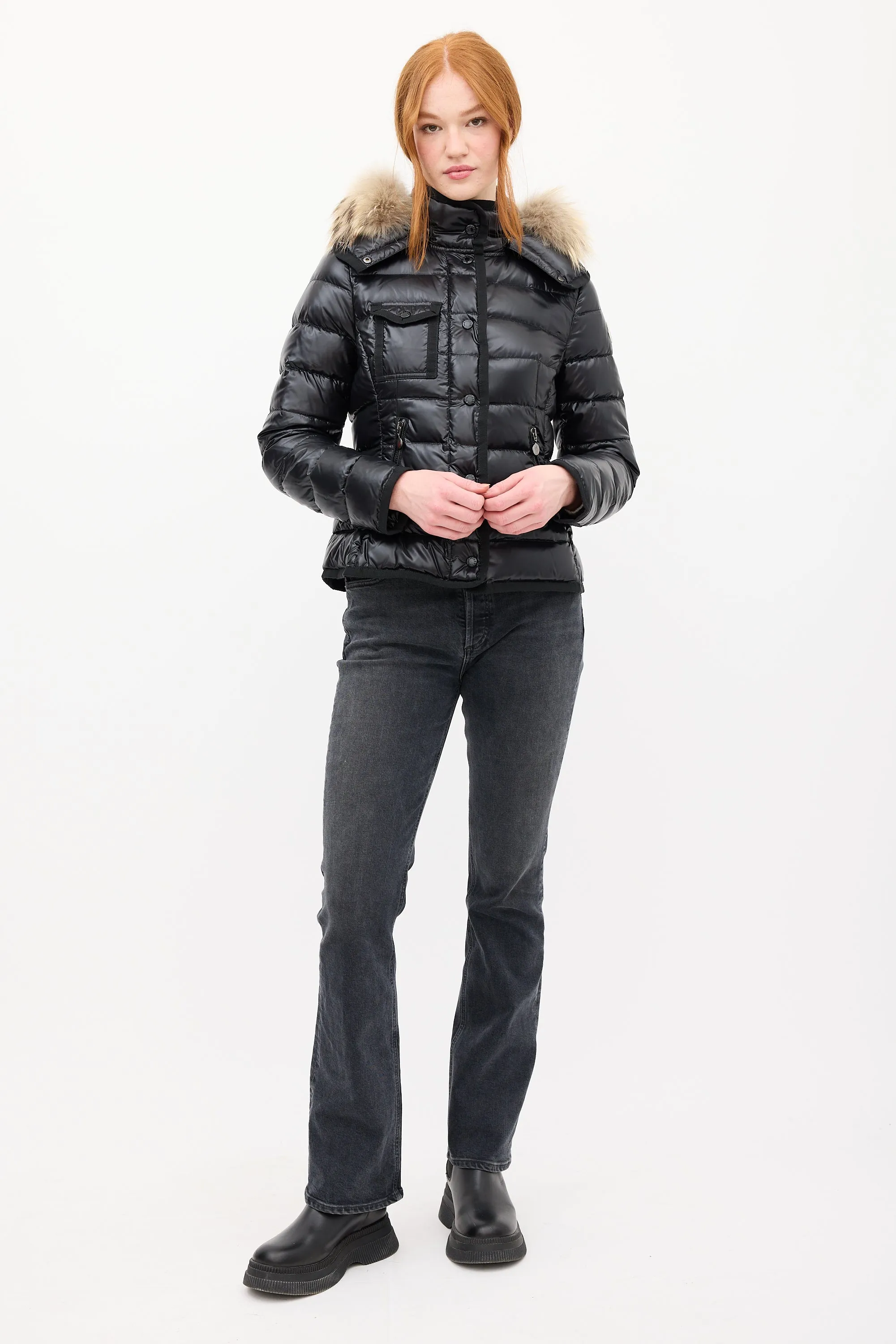 Black Down & Fur Trim Armoise Puffer Jacket