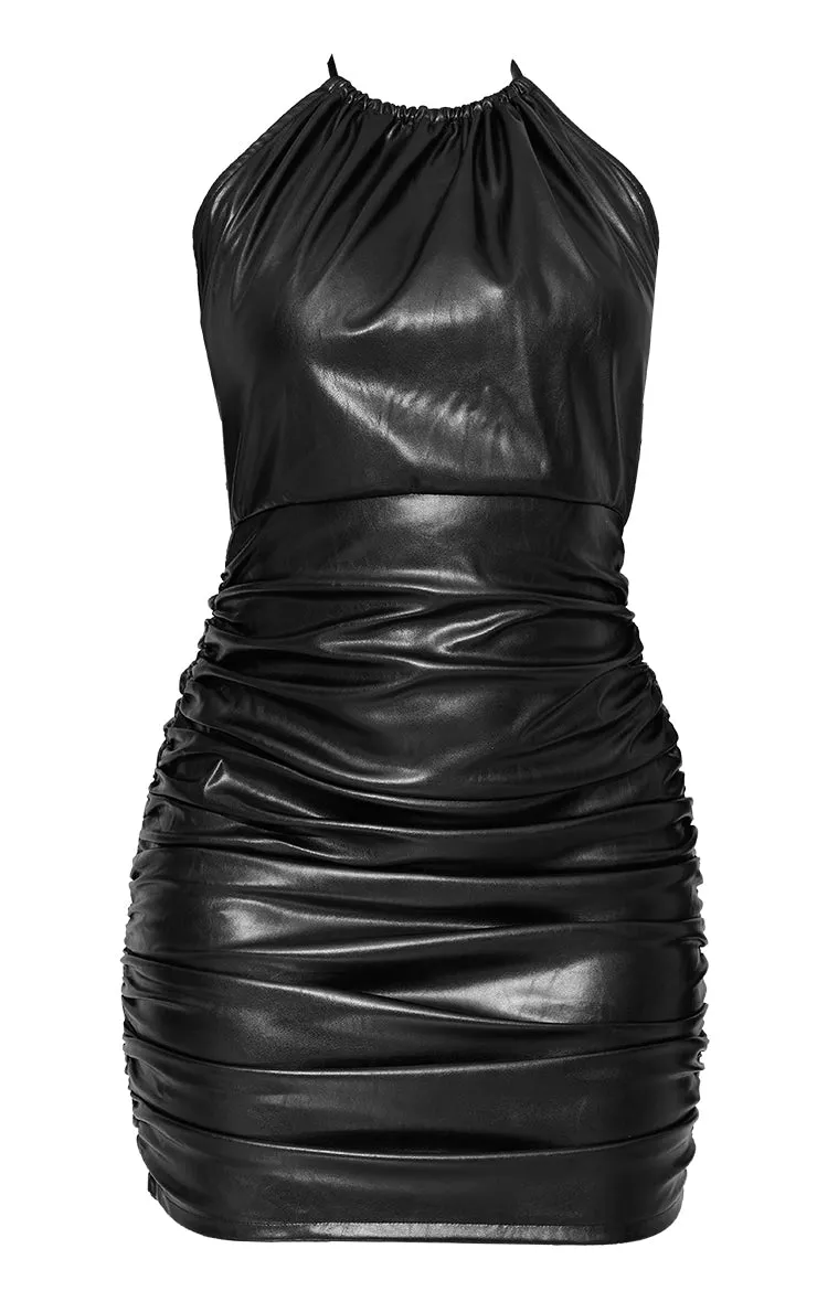 Black PU Ruched Halterneck Bodycon Dress