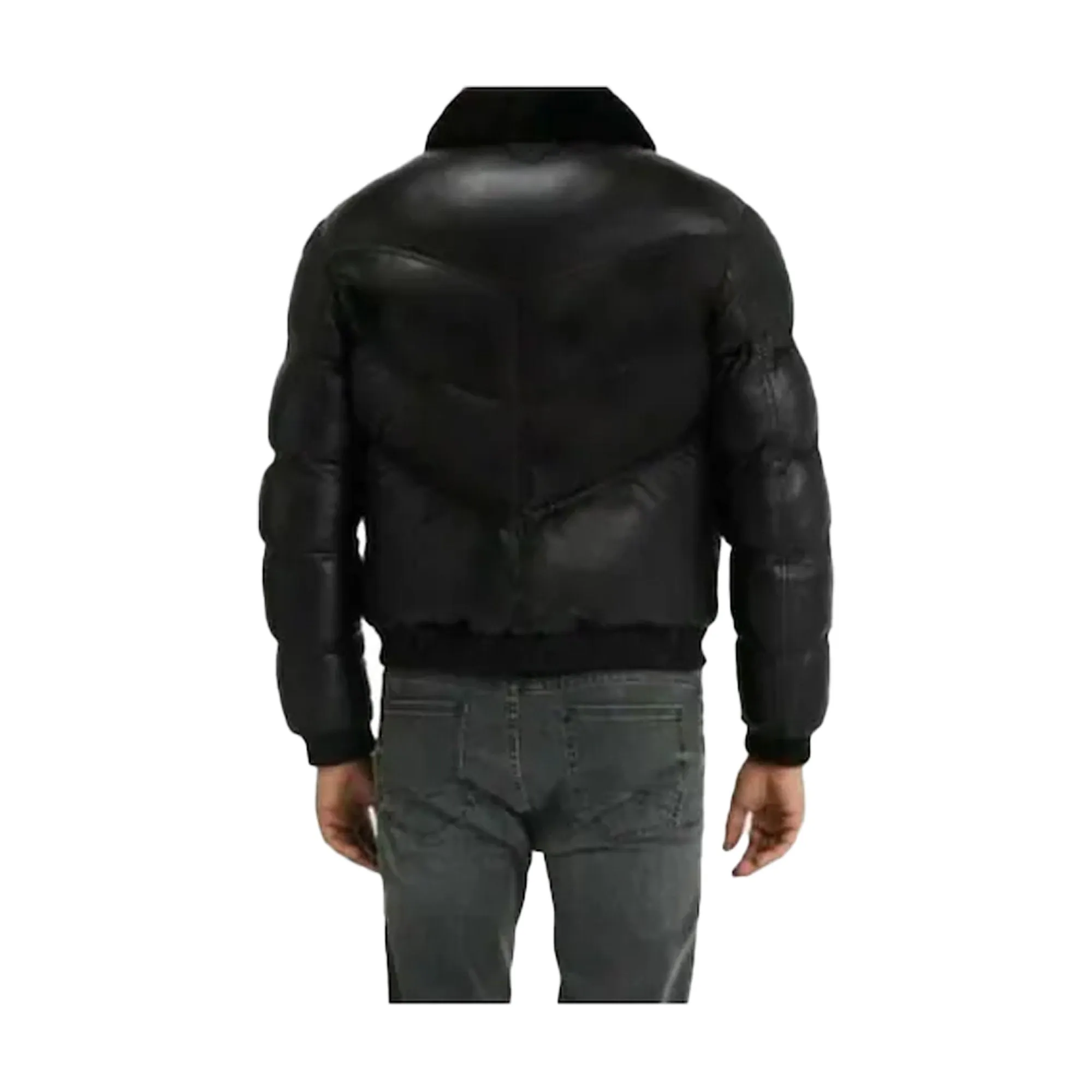 Black Puffer Jackets for Men, Stylish Lambskin Leather with Fur Collar