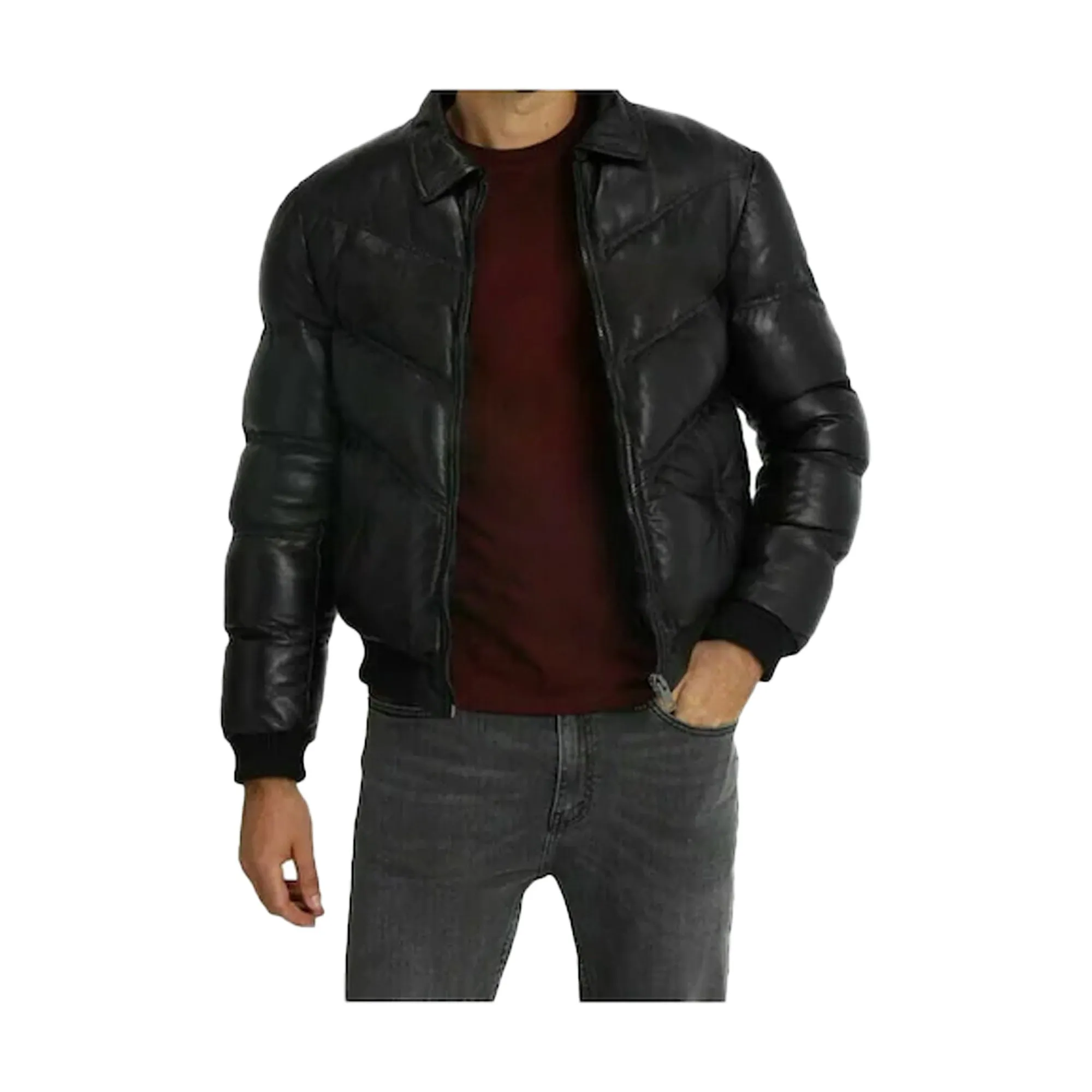 Black Puffer Jackets for Men, Stylish Lambskin Leather with Fur Collar