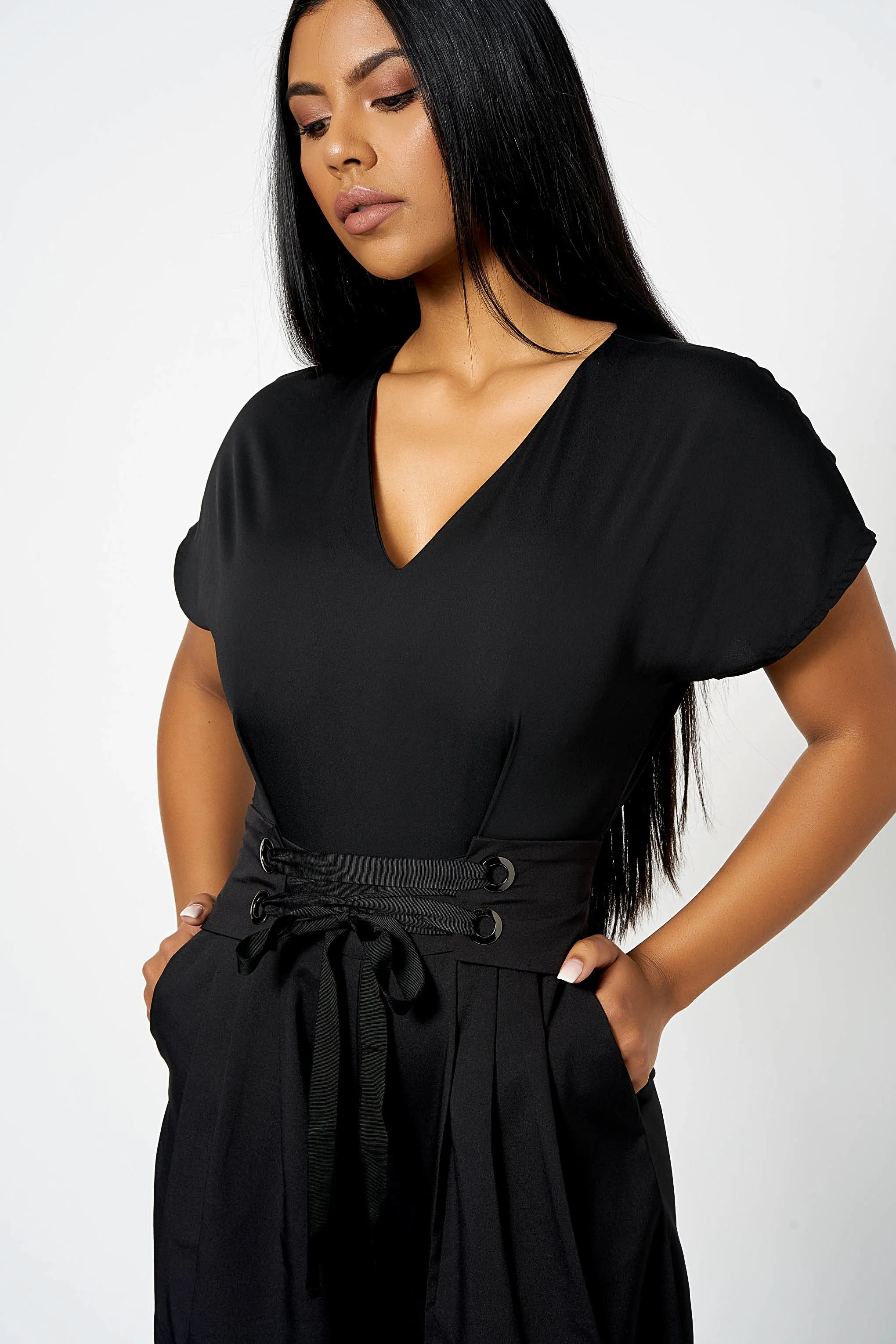 Black Utility Belted Eyelet Jumpsuit