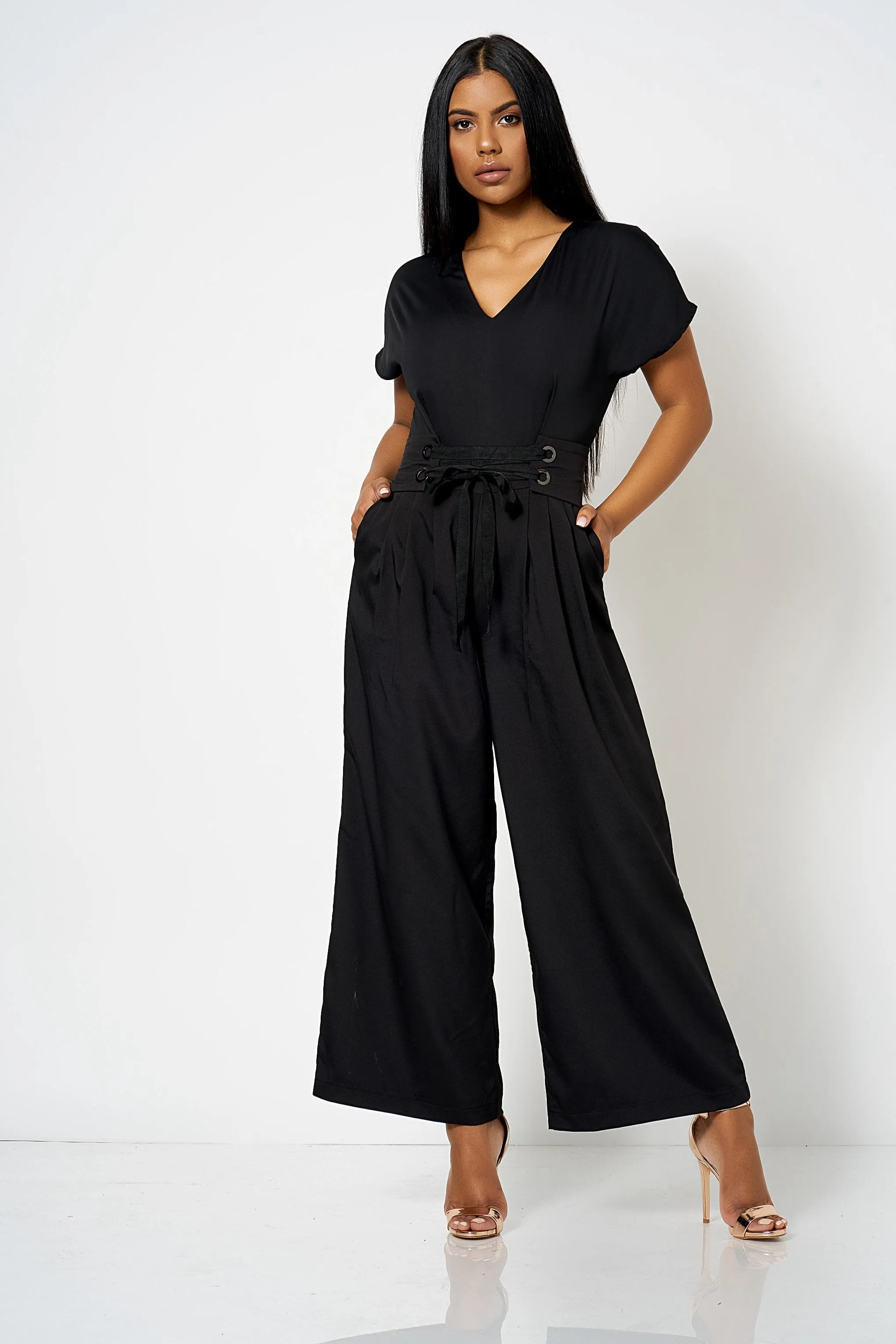 Black Utility Belted Eyelet Jumpsuit