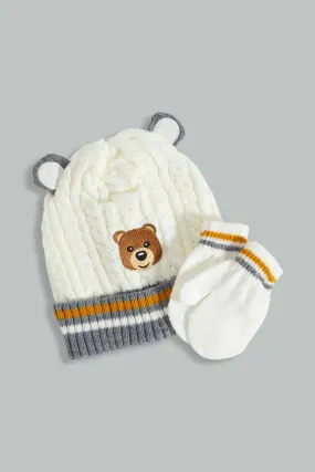 Boys White Printed Knitted Beanie With Gloves Set (Pack of 2)