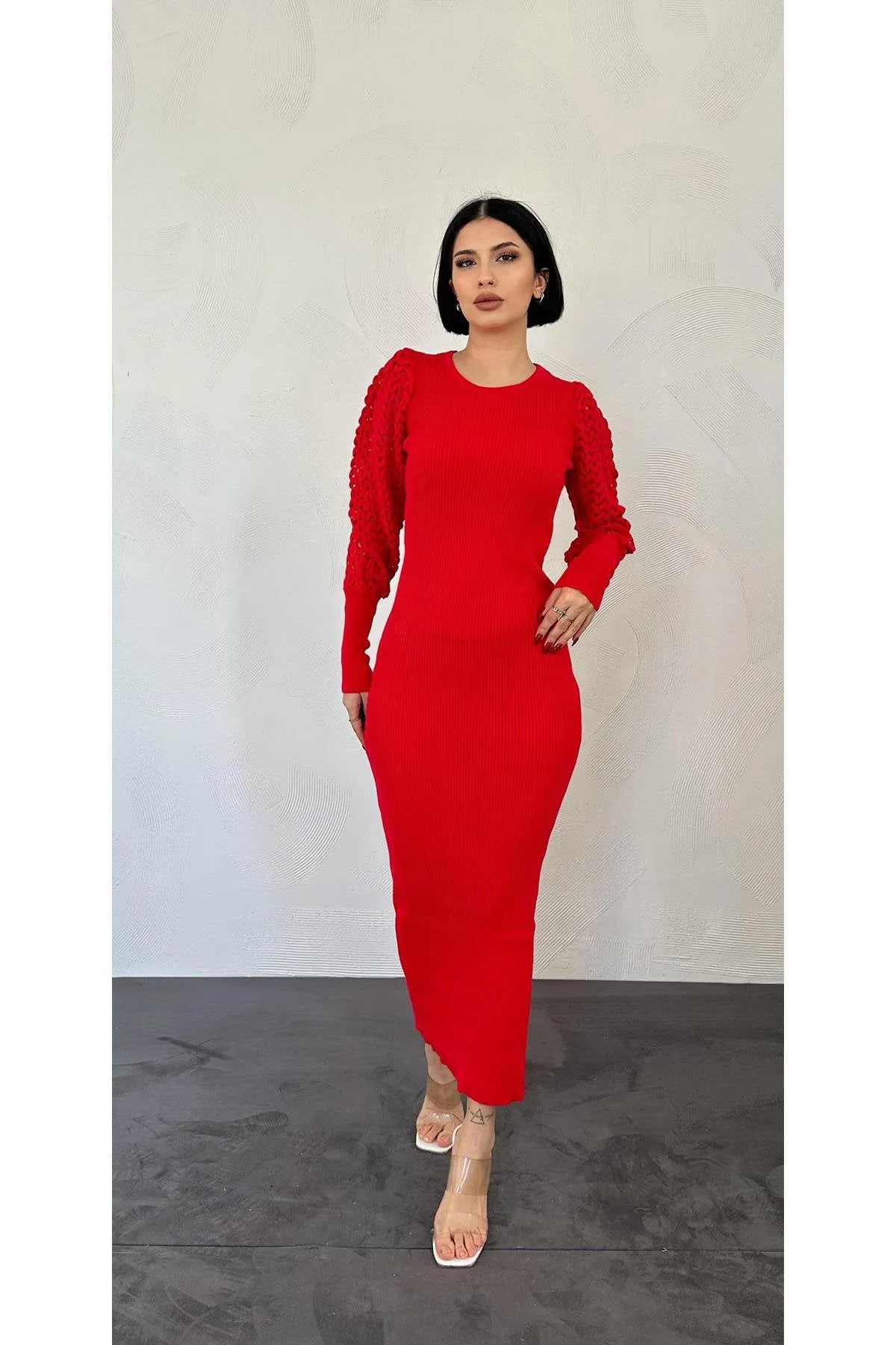 Braided Sleeve Knit Dress - Red- (4 Series) 1*S / 1*M / 1*L /1*XL