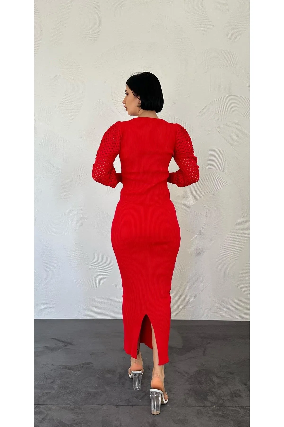 Braided Sleeve Knit Dress - Red- (4 Series) 1*S / 1*M / 1*L /1*XL