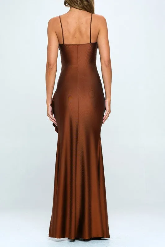 Brown Pleated Ruffle Slit Maxi Dress