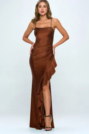 Brown Pleated Ruffle Slit Maxi Dress