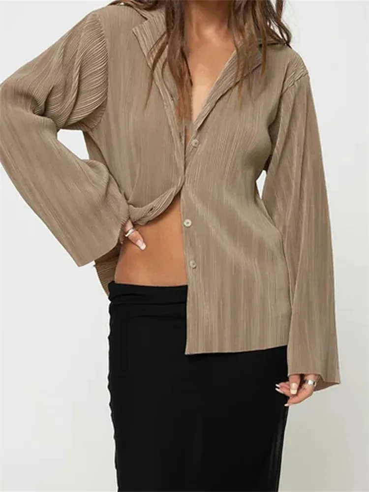 Button Down Solid Color Pleated V-neck Long Sleeve Loose Cardigan Blouse for Women