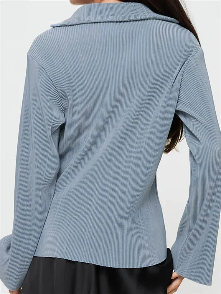 Button Down Solid Color Pleated V-neck Long Sleeve Loose Cardigan Blouse for Women