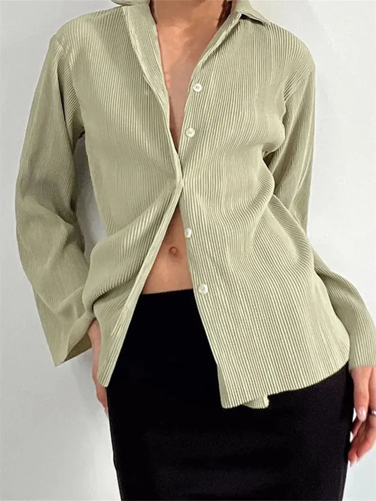 Button Down Solid Color Pleated V-neck Long Sleeve Loose Cardigan Blouse for Women