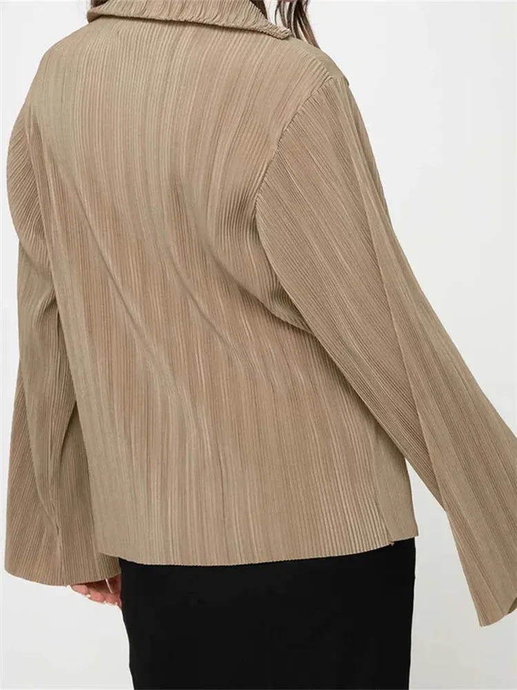 Button Down Solid Color Pleated V-neck Long Sleeve Loose Cardigan Blouse for Women