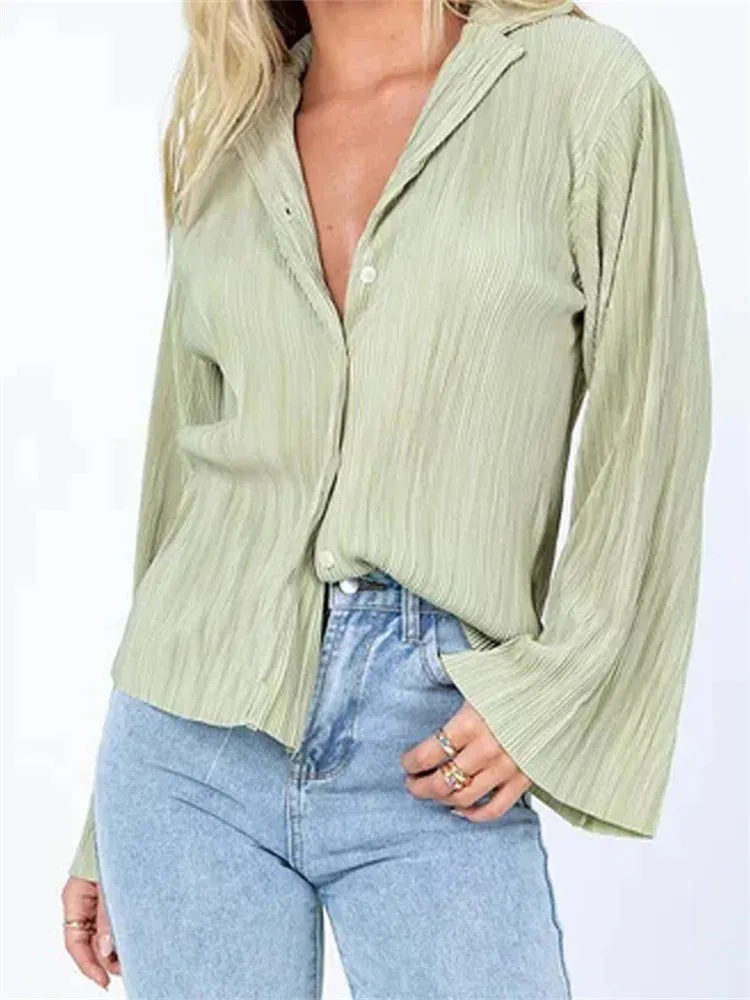 Button Down Solid Color Pleated V-neck Long Sleeve Loose Cardigan Blouse for Women