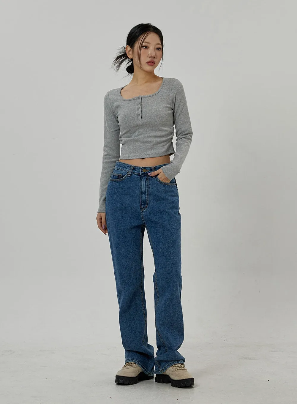 Button Neck Long Sleeve Cropped Top CD21