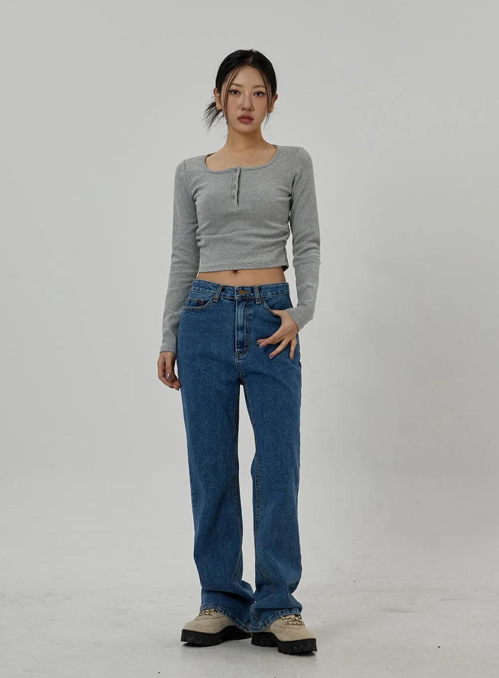 Button Neck Long Sleeve Cropped Top CD21