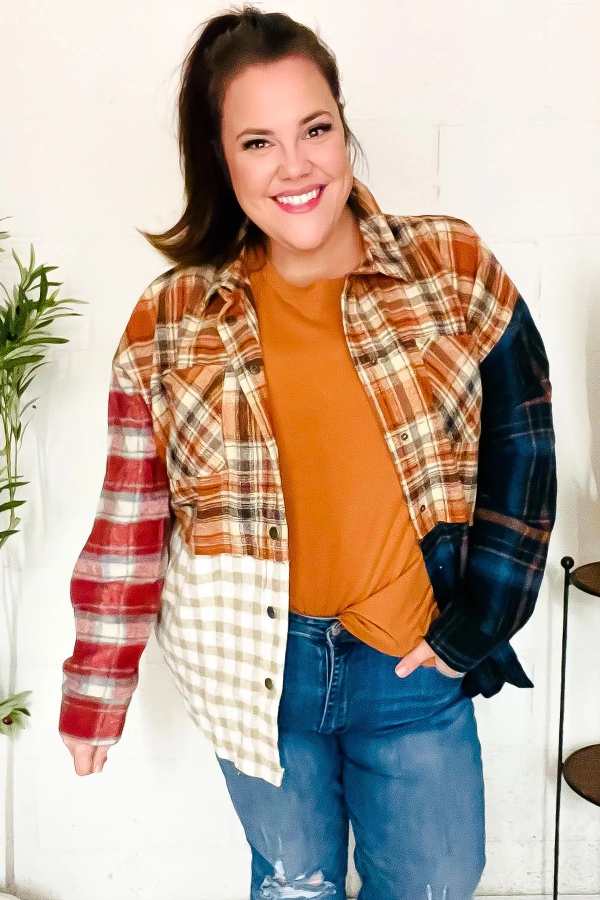 Catch Glances Muticolor Plaid Color Block Snap Button Shacket