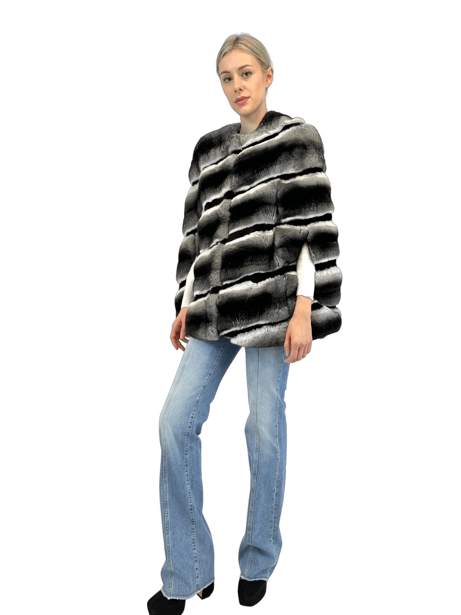 CHINCHILLA CAPE WITH SHEARED MINK STRIPES