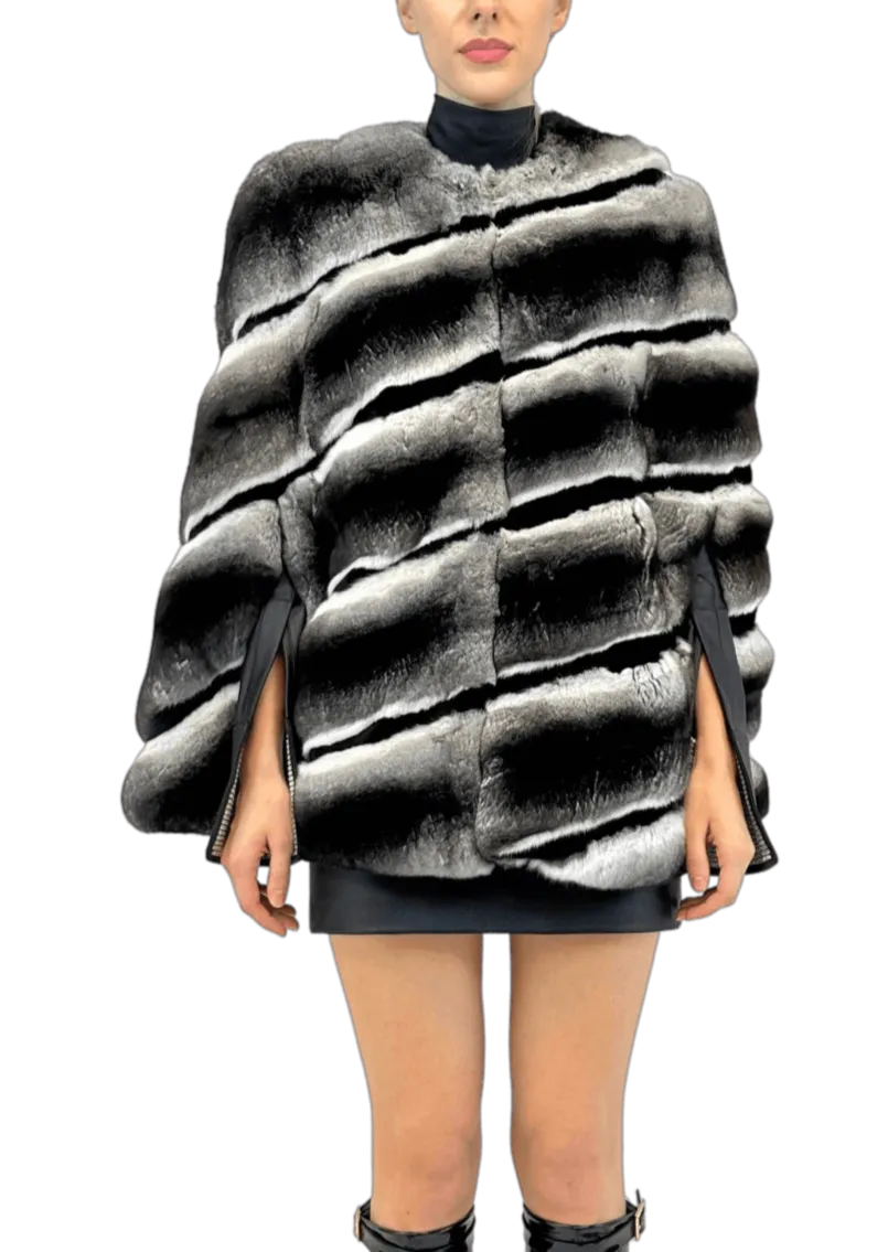 CHINCHILLA CAPE WITH SHEARED MINK STRIPES