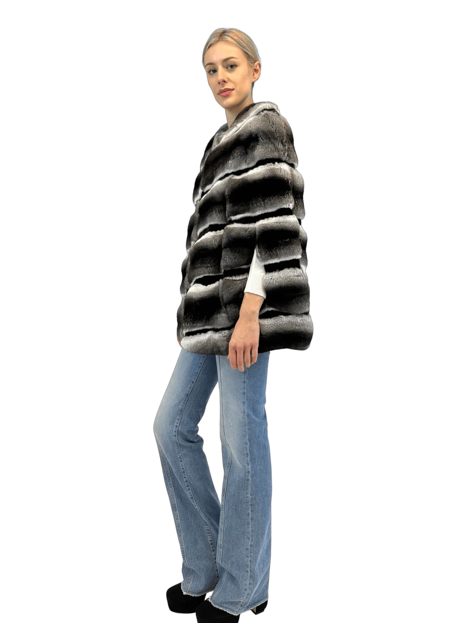 CHINCHILLA CAPE WITH SHEARED MINK STRIPES