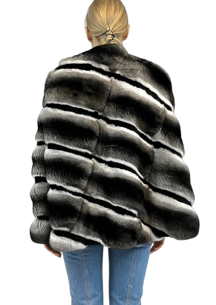 CHINCHILLA CAPE WITH SHEARED MINK STRIPES