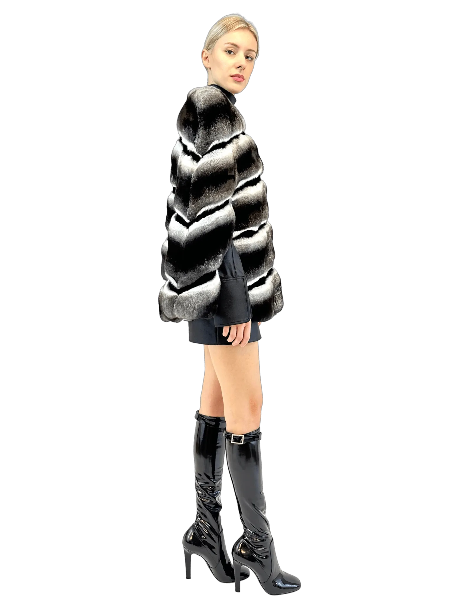 CHINCHILLA CAPE WITH SHEARED MINK STRIPES