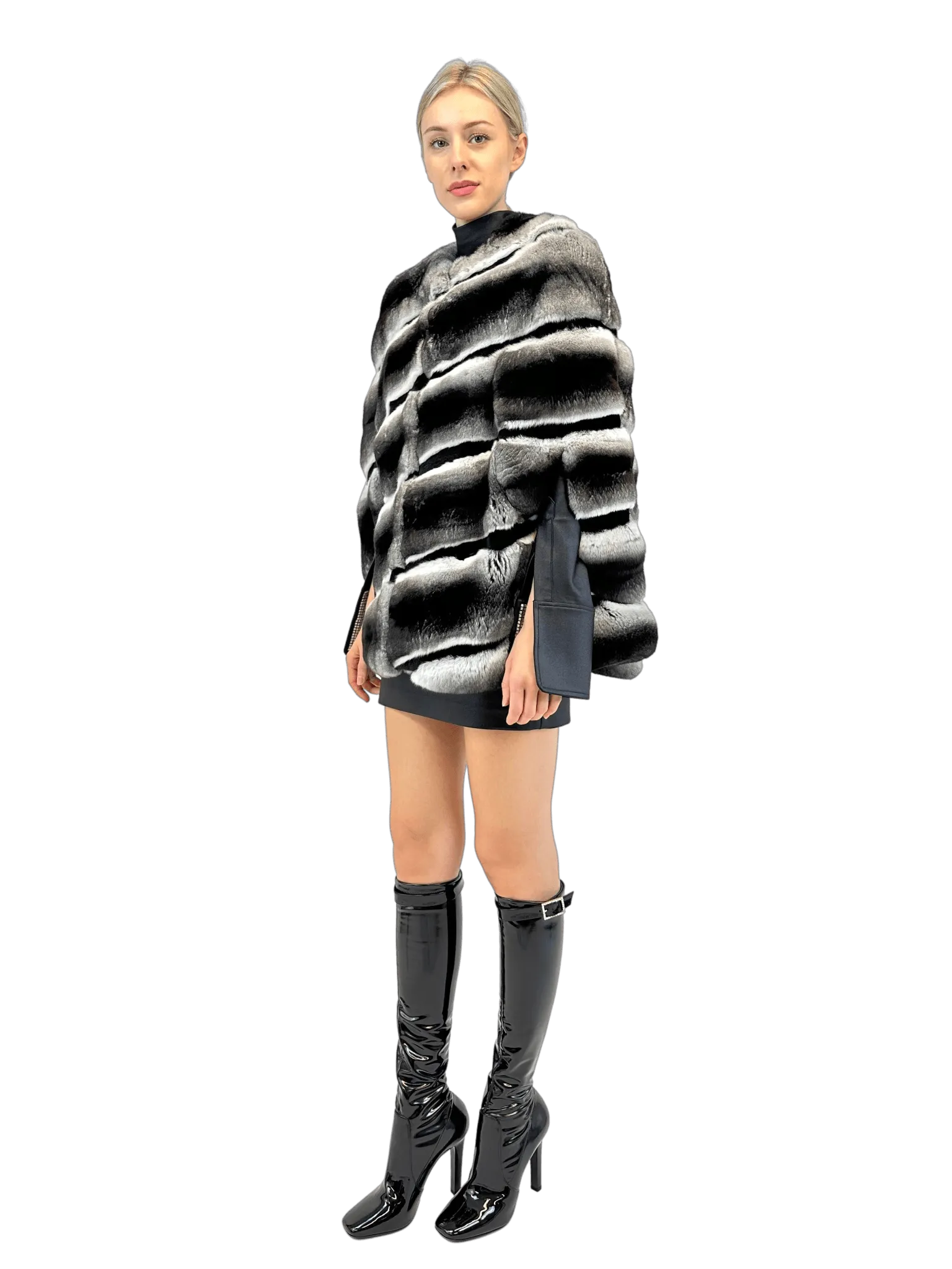 CHINCHILLA CAPE WITH SHEARED MINK STRIPES