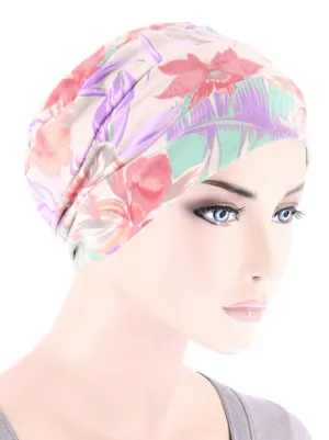 CKC-147#Chemo Cloche Cap in Taupe Mauve Tropical Floral